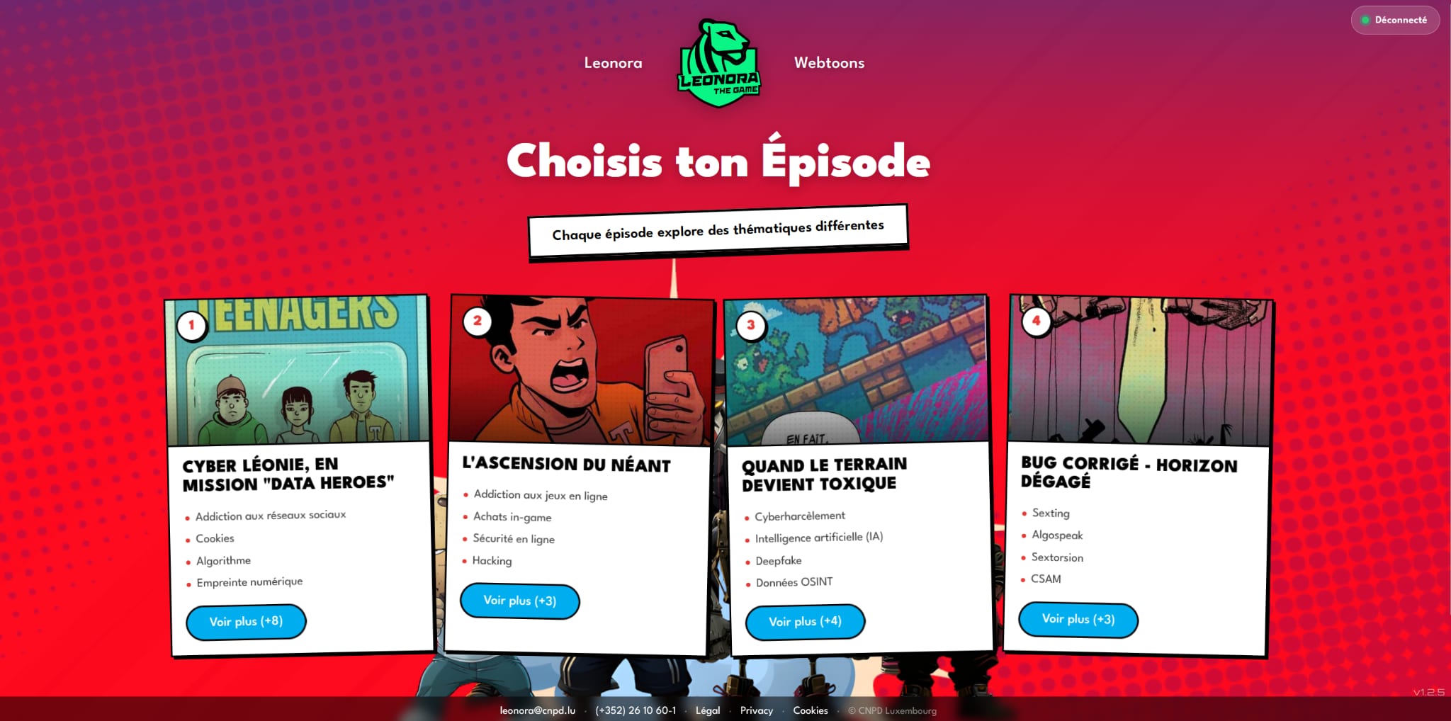 Home page of the game with the list of episodes