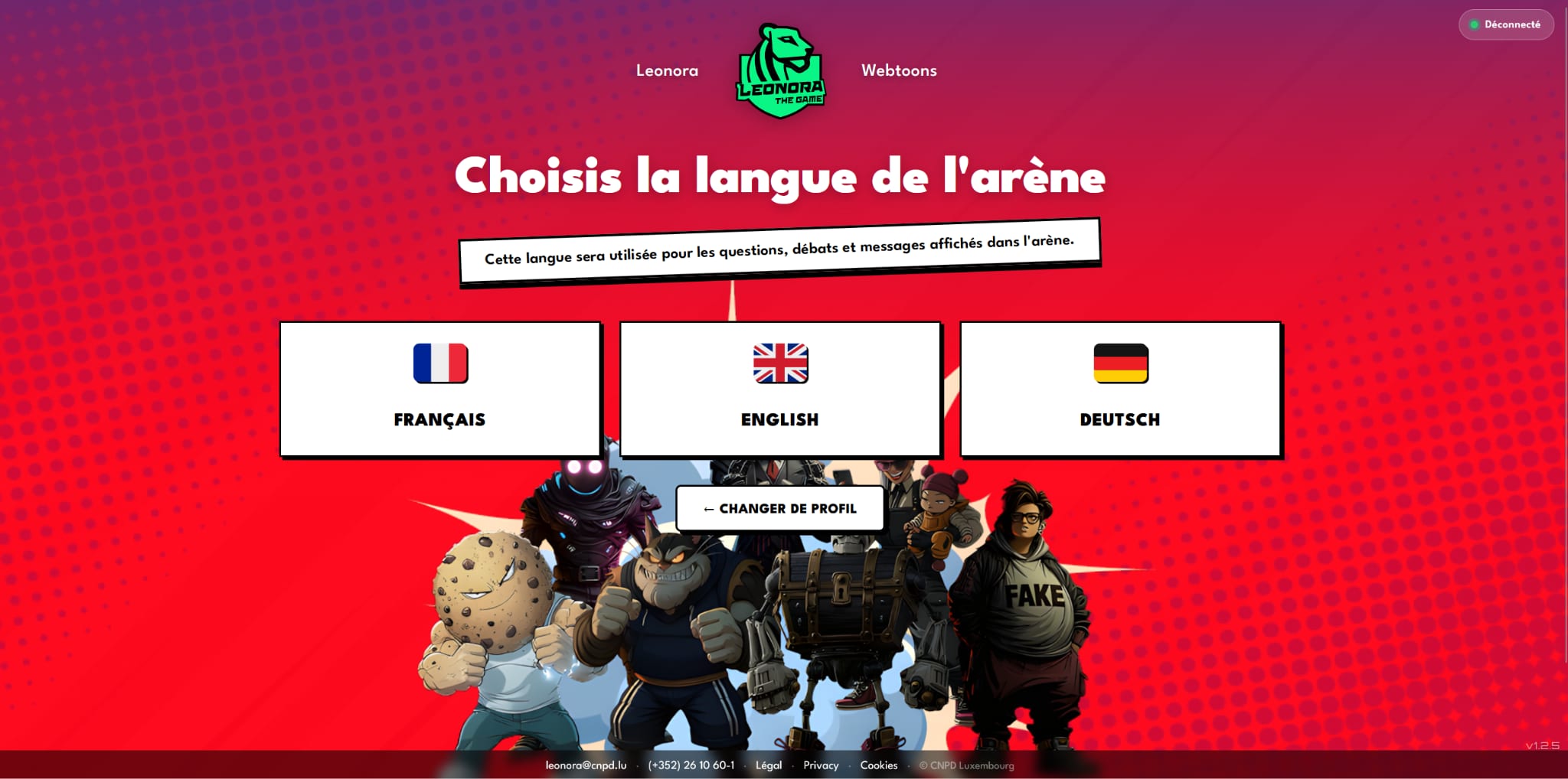 Arena language selection screen