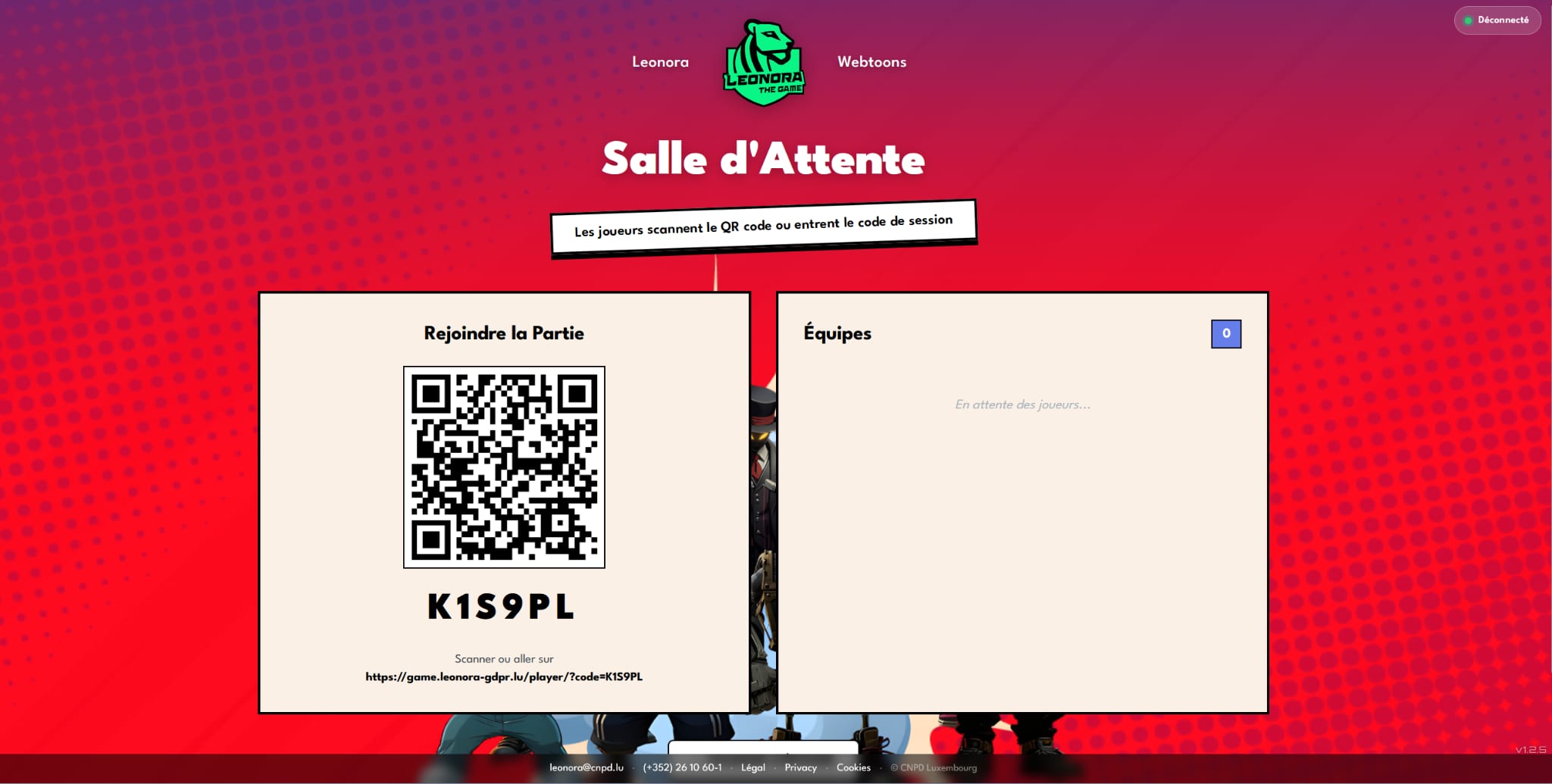 Lobby screen with giant QR code and 6-digit code